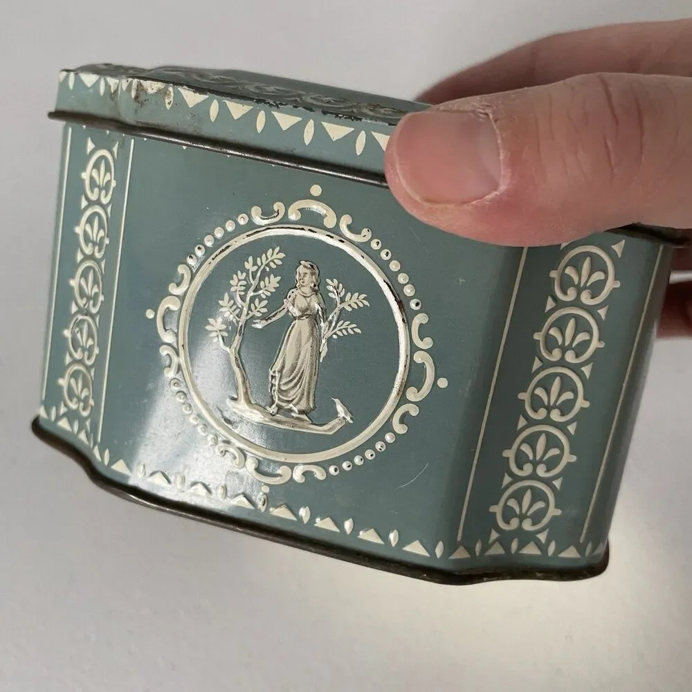 Vintage Container Tin Made in England Robin Egg Blue Greek Scenes 5